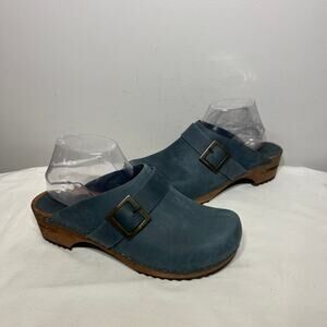 Sanita Clogs Shoes Blue Gray Leather Buckle Strap Boho Wooden Grunge Hippie 39